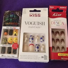 3 Sets Of Kiss Impress Design Medium Square Press On Nails Kiss Glue On Nails, Nails Color Black, Kiss Nails Kit, French Manicure Kit, Kiss Press On Nails, Gel Nails Long, Nails Marble, Witch Nails, Christmas Tree Nails