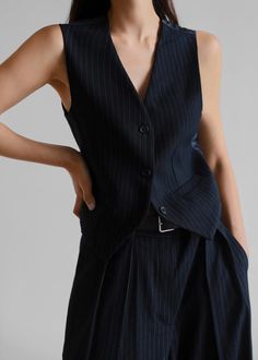 Tansy Tailored Vest - Navy Pinstripe – The Frankie Shop Dress Code Outfits, Tailored Vest, Woman In Suit, Dress Code Casual, Striped Vest, Black Waistcoat, Tailored Clothes, The Frankie Shop, Frankie Shop