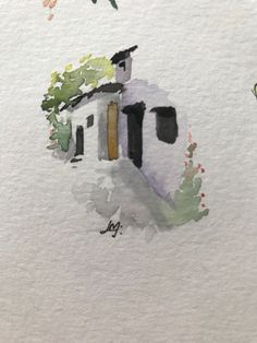 watercolor painting of a house with trees in the background