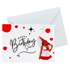 a birthday card with an image of a woman wearing a red hat and white dress