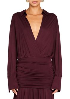 Long sleeve maxi dress with a drop waist and plunging neckline. Shown here in Merlot. 100% Lyocell Made in China Model is 5'10" wearing size S Style No. 4229-17 Fall Wardrobe Staples, Knit Outerwear, Knit Shoes, Romper And Jacket, Knit Denim, Long Sleeve Maxi, Knitted Tshirt, Denim Jumpsuit, Merlot