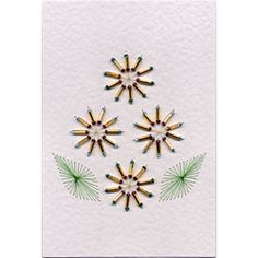 a white card with four green and yellow flowers on the front, one in the middle