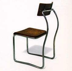 a metal chair with a wooden seat and back rest