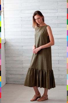 SUPER SALE -50%. Limited quantity. Handmade just for you in 2-5 days. ----------------------------------------------------------- Linen dress from linocolore. 100% pure Italian linen. One of the finest linen in the world. Rich silky velvet feeling. Extra soft with natural wrinkles. Double stonewashed (before and after the order is made). Medium weight. OEKO TEX 100 certified.  This item color is Khaki Other available colors are (see color chart in photos): - White - Black - Natural - Gray Dark - Blue Light - Purple Light - Lemon - Terracotta - Khaki - Blue Dark - Green - Brown Light - Red - Pink Light - Blue - Pink - Sand - Gray - Gray Light - Aquamarine - Violet - Gold - Salmon - Chocolate Available sizes (see size chart in photos): XXS, XS, S, M, L, XL, XXL. Other sizes or made-to-measur Sleeveless Linen Sundress With Ruffles, Sleeveless Linen Dress With Ruffle Hem, Sleeveless Linen Dress With Ruffles For Summer, Sleeveless Linen Maxi Dress With Ruffles, Summer Sleeveless Linen Dress With Ruffles, Casual Sleeveless Maxi Dress With Ruffle Hem, Sleeveless Cotton Maxi Dress With Ruffle Hem, Casual Green Sleeveless Linen Dress, Green Sleeveless Linen Casual Dress