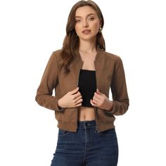 The soft faux suede fabric and two slant pockets provide you with a comfortable experience while keeping you warm all the time. The stand collar and zip-up design make you look cool and gentle at the same time, adding a feminine feel to your winter look. Perfectly pair it with basic shirts, skinny jeans, and high-heeled boots in casual styles. A versatile piece of outerwear for many sorts of occasions. Cropped Coat, Cowgirl Costume, Shopping Party, Faux Suede Fabric, Casual Styles, Woman Standing, Suede Fabric, Basic Shirts, Bomber Jackets