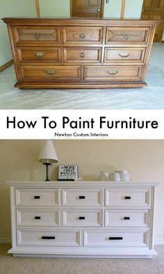 before and after photos of an old dresser turned into a painted furniture piece with text overlay that says how to paint furniture