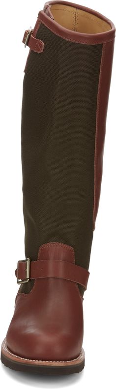 The Descaro 17-inch tall men's boot features an olive green woven upper with a smooth golden tan leather vamp and collar. This boot provides maximum protection by combining thickness of leather and Vipercloth® in order to resist the strikes of venomous snakes. It has Texon® Flexwelt® insoles that provide a flexible and comfortable fit and allows for freedom of movement on the trail and a triple ribbed steel shank for stability. The Vibram® outsole offers traction on wet and dry surfaces as well