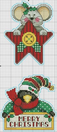 a cross stitch christmas ornament with a mouse