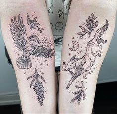 two people with tattoos on their legs and one has an eagle, the other is a fox