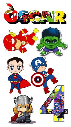 various cartoon character stickers are shown in this graphic style, including the number four