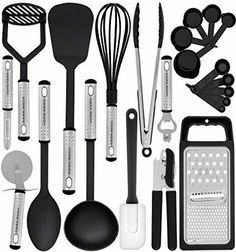 an assortment of kitchen utensils and spatulas on a white background,