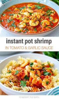 instant pot shrimp in tomato and garlic sauce with text overlay that reads instant pot shrimp in tomato and garlic sauce