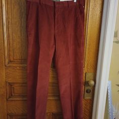 Corduroy Pants , Cranberry Color, Inseam 30.5, Rise 12.5. Fitted Corduroy Pants With Tapered Leg, Fitted Corduroy Tapered Leg Pants, Fitted Tapered Leg Corduroy Pants, Fitted Corduroy Full-length Pants, Fitted Full-length Corduroy Pants, Red Straight Leg Corduroy Bottoms, Burgundy Cotton Pants For Work, Red Slim Fit Cotton Chinos, Fitted Red Cotton Chinos