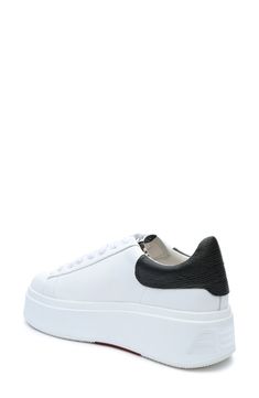 A contrasting pattern at the heel adds an extra flash of modern style to a sleek lace-up platform sneaker. 2 1/4" heel; 1 3/4" platform (size 39) Lace-up style Leather or genuine calf-hair (China) upper/leather or textile lining/rubber sole Imported Women's Shoes Platform Sneaker, Calf Hair, Up Styles, Front Row, Women's Shoes, Modern Style, Womens Sneakers, Rubber Sole, White Black