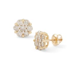 1 CT. T.W. Diamond Flower Stud Earrings in 10K Gold | Banter Gold Cluster Diamond Earrings With Vvs Clarity, Yellow Gold Diamond Cluster Earrings In Flower Shape, Yellow Gold Diamond Flower Cluster Earrings, Gold Diamond Flower Cluster Earrings, Gold Flower-shaped Diamond Earrings With Accents, Flower Stud Earrings, Flower Stud, Diamond Flower, Gold Price