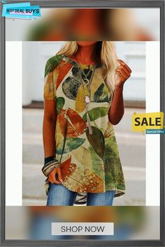 Women's T Shirt Tee Tunic Khaki Plants Print Short Sleeve Daily Basic Round Neck Long S Green Short Sleeve Tops For Fall, Plants Print, Plant Print, Basic Tops, Summer Tops, Summer Shirts, Printed Shorts, Summer Women, Round Neckline