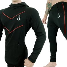 Material: Cotton polyester Gender: Men Collar: Hooded Fit: Fits true to size, take your normal size Closure Type: Pullover Fitted Long Sleeve Tracksuit With Drawstring Hood, Black Fitted Hoodie Sportswear, Red Long Sleeve Tracksuit Athleisure, Cotton Long Sleeve Tracksuit For Gym, Black Winter Tracksuit For Workout, Red Hooded Tracksuit For Loungewear, Black Hooded Tracksuit For Gym, Black Stretch Hooded Tracksuit, Black Hooded Tracksuit For Winter