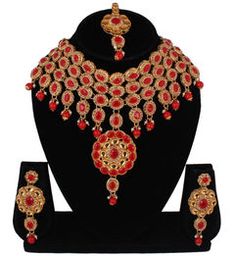 Gold Rodium Polish Red and Maroon color Necklace in Metal Alloy studded with Austrian diamond, Kundan Red Round Jewelry For Festivals, Jeweled Round Necklaces For Festivals, Red Jewelry Sets For Festivals, Festive Red Metal Jewelry, Red Traditional Metal Jewelry Sets, Traditional Red Metal Jewelry Sets, Red Metal Necklaces With Jewels, Red Jeweled Metal Necklaces, Red Jeweled Metal Jewelry