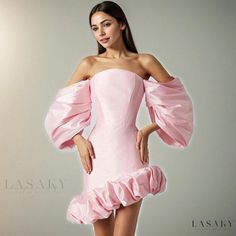 Lasaky - Chic Off-Shoulder Bodycon Mini Party Dress with Asymmetrical Ruffle Hem and Bubble Sleeves in Luxurious Satin Little Pink Dress, Socialite Style, Vestidos Color Rosa, Style Français, Puff Dress, Evening Dresses Short, فستان سهرة, Short Prom Dress, Statement Dress