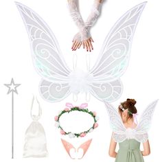 PRICES MAY VARY. 【XL Fairy Costume Set】The package includes White Wings, 1 pair Elf Ears, Fairy Wand, Floral Headband, 1 Pair Lace Long Gloves, and 1 little pixie Bag. Elevate Your Fairy Look with Enchanting Costume Accessories! 【Comfortable to Wear】Crafted with your comfort in mind, the wings made of organza are designed to be feather-light and easy to wear. the organza material has magical gradient effect, shimmer in various lighting, making you truly ethereal. 【For Women and Girls】Wing dimens Fairy Look, Organza Material, Butterfly Costume, Halloween Floral, Fairy Accessories, Halloween Fairy, Dress Up Day, Fairy Wands, Elf Ears