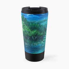 a painting on the side of a travel mug with trees and water in it,