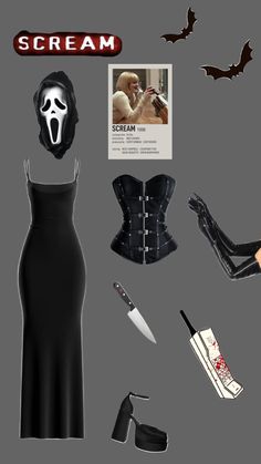 a woman in a black dress is surrounded by other items including a mask, gloves and knife