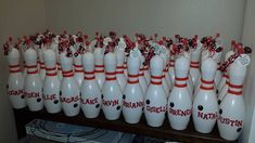 several bowling pins and skittles are lined up on a shelf in the hallway