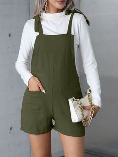 Women's Solid Romper Summer Casual Jumpsuits Summer Green Jumpsuits And Rompers With Bib Front, Summer Overalls With Bib Front, Summer Bib Front Solid Overalls, Solid Color Summer Overalls With Bib Front, Green Bib Front Overalls For Summer, Green Summer Shortalls Overalls, Spring Green Jumpsuits And Rompers With Suspenders, Casual Green Jumpsuits And Rompers With Suspenders, Green Bib Front Jumpsuit With Pockets