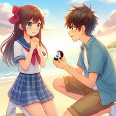 two anime characters are sitting on the beach and one is holding a small object in his hand