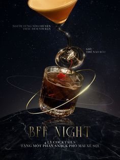 an advertisement for a cocktail bar featuring a glass with a drink in it and the words bff night