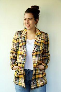 "Vintage plaid jacket in yellow red black and white, button-up, fully lined in satin, side pockets, original tag intact,100% Rayon, aside from minor signs of wear, very good vintage condition, clean, ready to wear. ** Model is 5'8\" and size S/M for reference.** Approximate size: M- please refer to the measurements. M E A S U R E M E N T S -were taken with garments laying flat, please double where necessary. ------------------------♥-------- Length :28\"-72cm Armpit to Armpit: 19\"-49cm (buttone Plaid Cotton Blazer For Fall, Retro Cotton Blazer For Work, Fall Yellow Blazer With Button Closure, Yellow Blazer With Button Closure For Fall, Classic Yellow Fall Blazer, Vintage Plaid Button-up Outerwear, Retro Plaid Outerwear With Button Closure, Fitted Yellow Blazer With Button Closure, Retro Plaid Button-up Outerwear