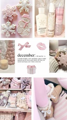 a collage of photos with pink and white items in them, including socks, hats, mittenss, gloves, candles