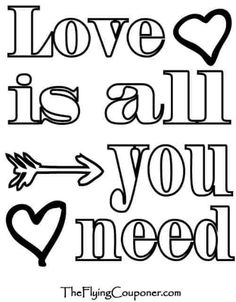 the love is all you need coloring page with hearts and an arrow in black ink