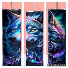 three lighters with wolf artwork on them, one is blue and the other is pink