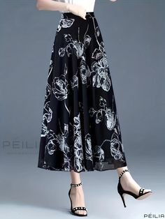 Peilia - Elevate Your Wardrobe with our Floral Printed High Waist Swing Skirt - a Perfect Blend of Elegance and Comfort for Every Fashion Forward Womans Spring and Fall Collection Elegant Printed Skirt, Elegant A-line Bottoms With Floral Print, Elegant Floral Print Party Bottoms, Spring Evening Bottoms With Floral Print, Stylish Plus, Fall Collection, Fall Collections, Plus Size Casual, Long Sleeve Cardigan