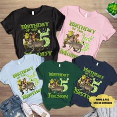 three birthday shirts with characters on them