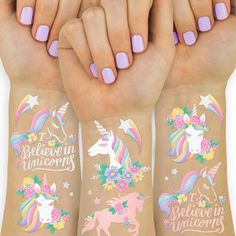 the temporary tattoos are decorated with unicorns, flowers and stars on both arm sleeves