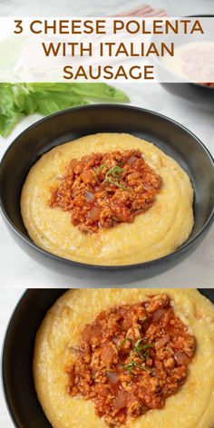 three cheese polenta with italian sausage is shown in two pans and the same one has