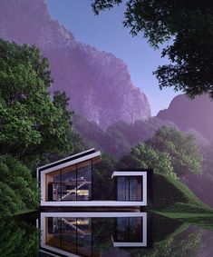 an artistic rendering of a house in the middle of a forest with mountains behind it