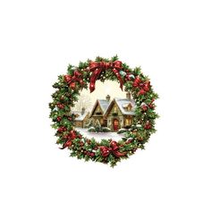 a christmas wreath with a house in the background