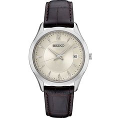 Dress up any casual or business attire with this sophisticated men's watch from Seiko's Essential collection. Dress up any casual or business attire with this sophisticated men's watch from Seiko's Essential collection. DISPLAY Sunray dial Day & date window Face cover material: Hardlex crystal Luminescence: hands & hour markersCASE Material: stainless steel Waterproof screw-down caseback & crown Diameter: 40 mmBAND Band type: brown leather strap Clasp: buckle Circumference: 170 mm - Classic Brown Watch Accessories For Formal Occasions, Classic Business Watch With Chronograph, Classic Business Watches With Chronograph, Elegant Brown Watch For Work, Rectangular Dial Watches With Subdials For Work, Classic Chronograph Watch Accessories For Business, Classic Business Chronograph Watch Accessories, Business Watch Accessories With Metal Dial, Business Chronograph Watch Accessories