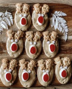 twelve decorated cookies arranged in the shape of teddy bears with white frosting and red noses