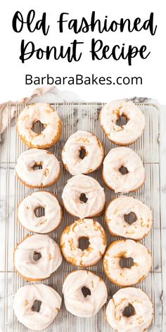 an old fashioned donut recipe with white frosting and sprinkled on top