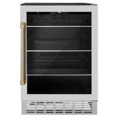 an empty glass door refrigerator on a white background