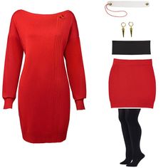 a woman's red sweater dress and black tights