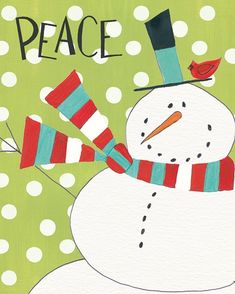 a snowman with a hat and scarf on it's head is in front of a green background that says peace