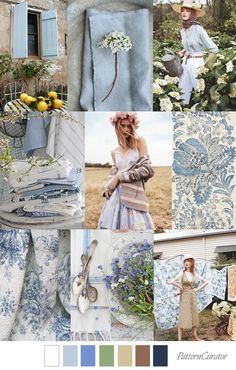 a collage of blue and white images with flowers in vases, dresses, hats, and other items