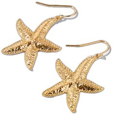 Gold Nickel-free Earrings For Vacation, Nickel-free Gold Earrings For Vacation, Summer Gold Jewelry With Star Charm, Gold Dangle Earrings For Beach Season, Gold Earrings For Beach Season, Summer Dangle Earrings With Starfish Charm, Summer Starfish Charm Dangle Earrings, Summer Starfish Charm Drop Earrings, Gold Star Earrings For Summer