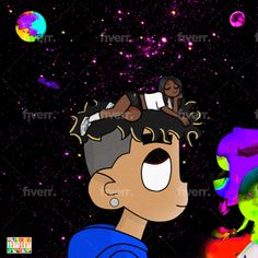 an image of a boy with his head in the air, surrounded by stars and planets