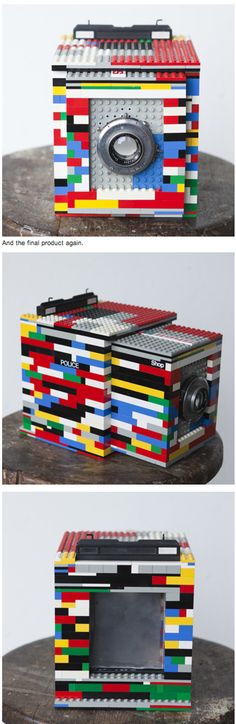 an old camera made out of legos on top of a wooden table and bottom